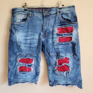 Rogue American Men's Rare Jean Shorts Distressed With Red Patches Size 34